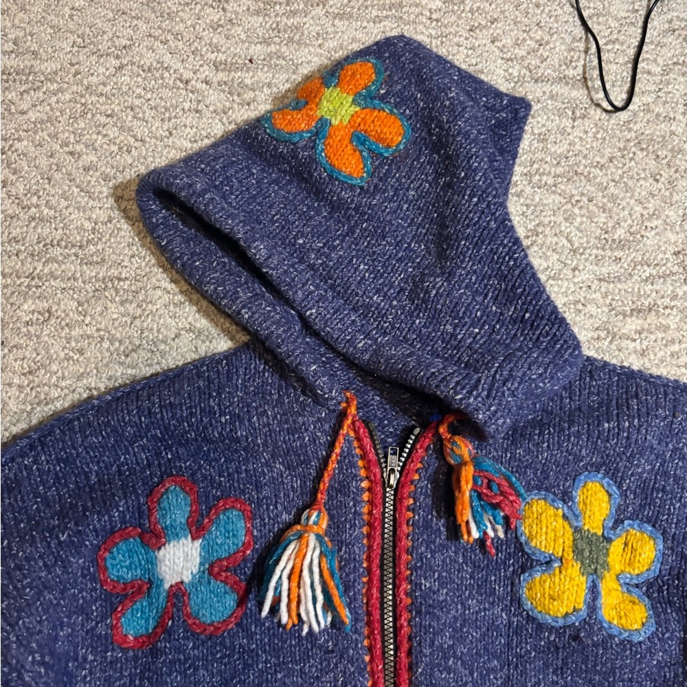 Floral Embroidered Blue Women's wool cardigan - Picture 14 of 16